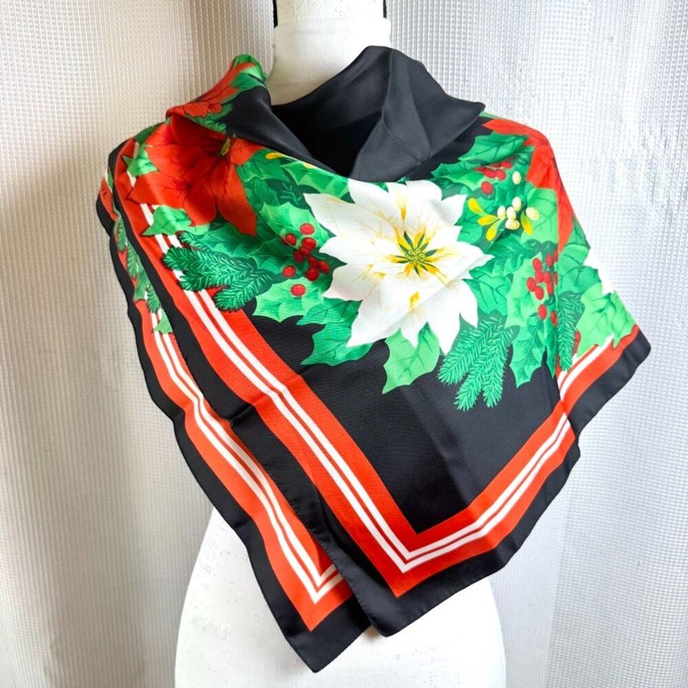 Vintage Avon Christmas Scarf Poinsettia Wreath Italy 35x35" Black Red Green